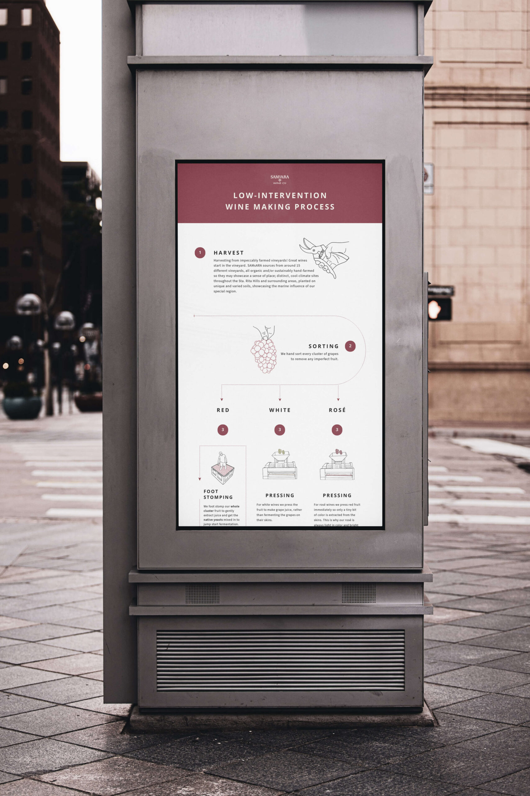 Poster display in a town square with an infographic illustrating low-intervention wine making techniques.