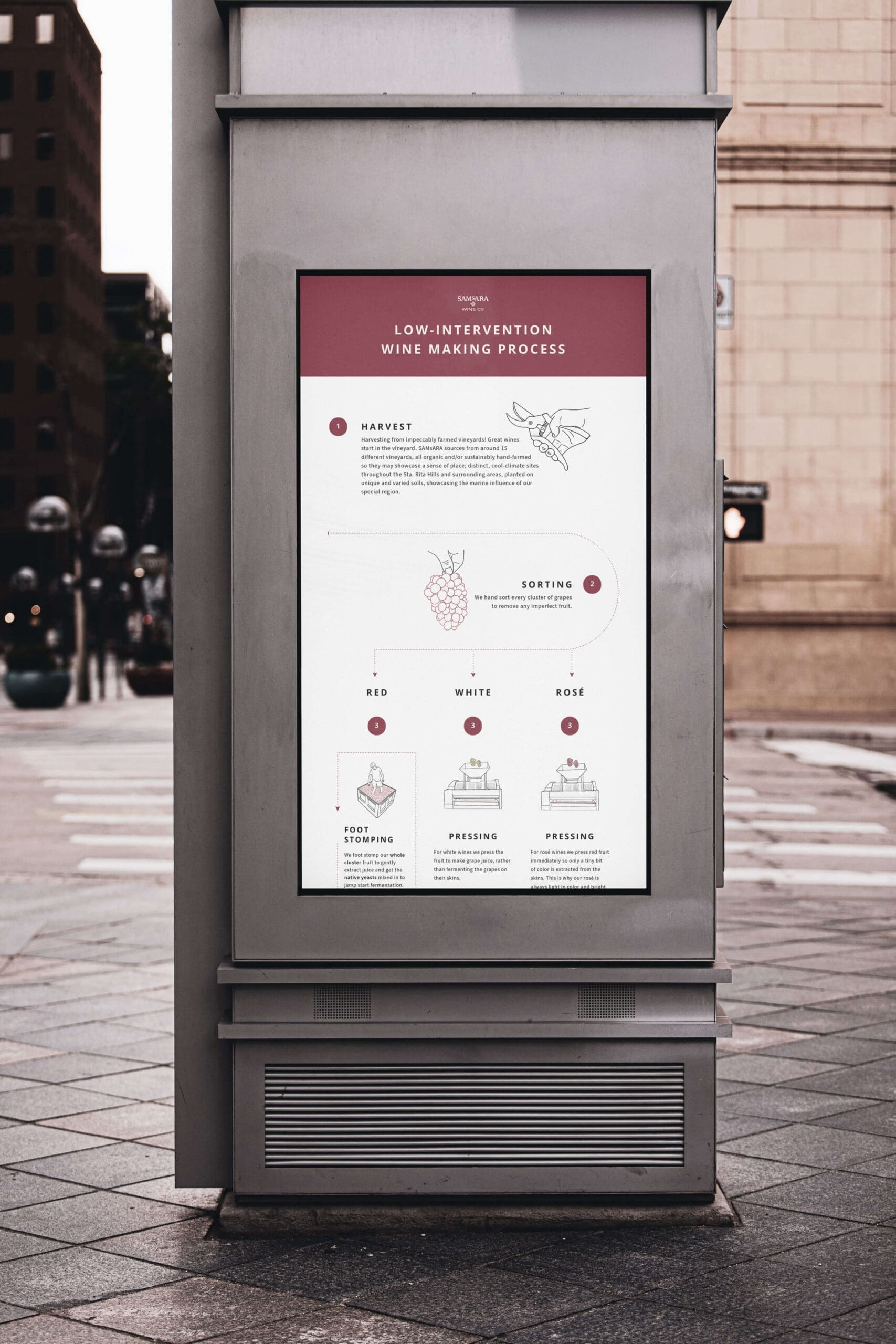Samsara-Poster-On-Street-MockUp Poster display in a town square with an infographic illustrating low-intervention wine making techniques.