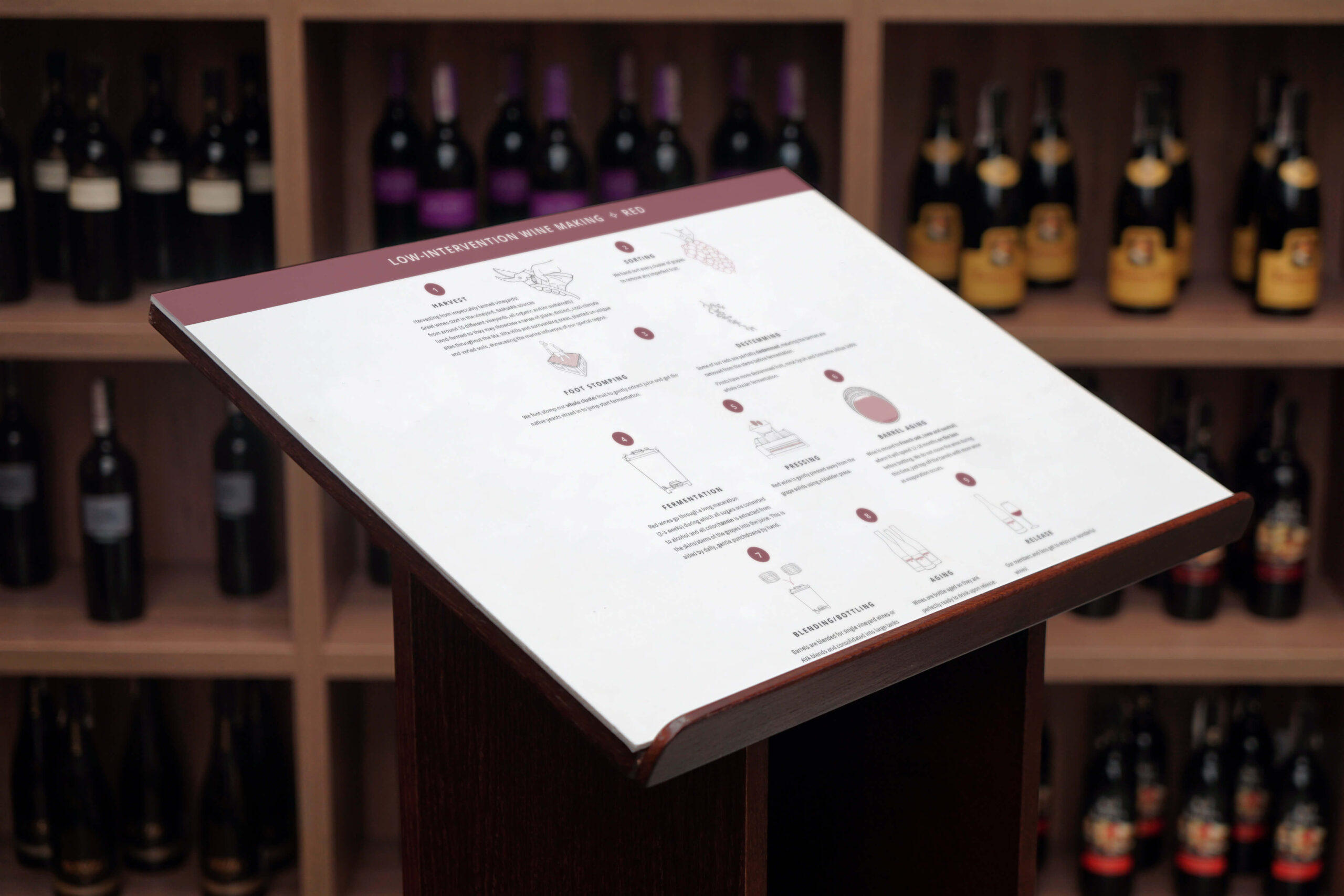 Lectern in a wine cellar displaying a piece of paper with an inforgraphic of low-intervention wine making process.